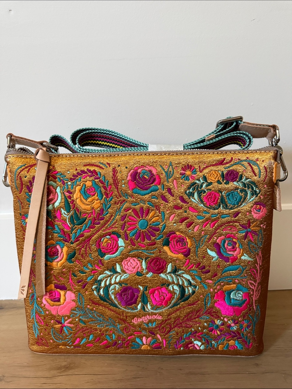 Consuela Gold Floral Embroidered Crossbody with Pink and Teal Accents